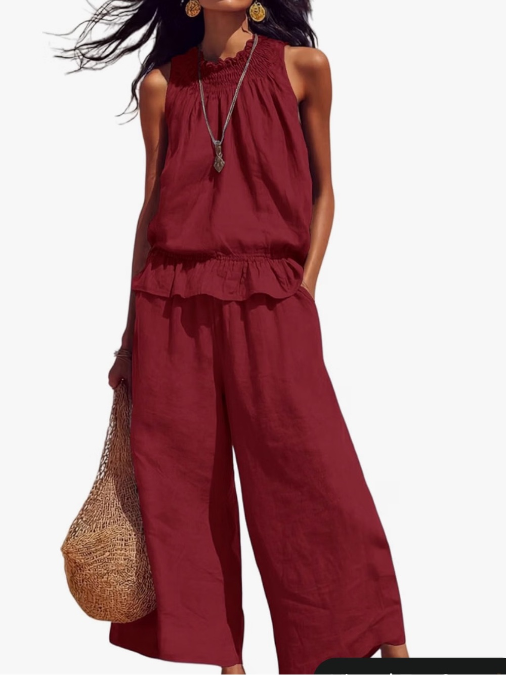 Sleeveless ruffle top w/ matching wide leg pants, NWOT, L